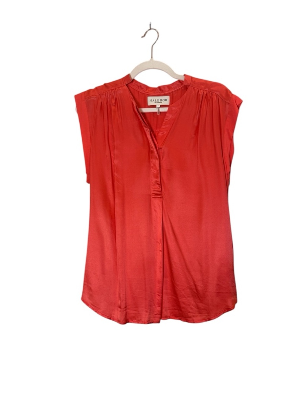 Hale Bob Women’s Lightweight Coral-Red Split V-Neck Cap Sleeve Blouse sz L